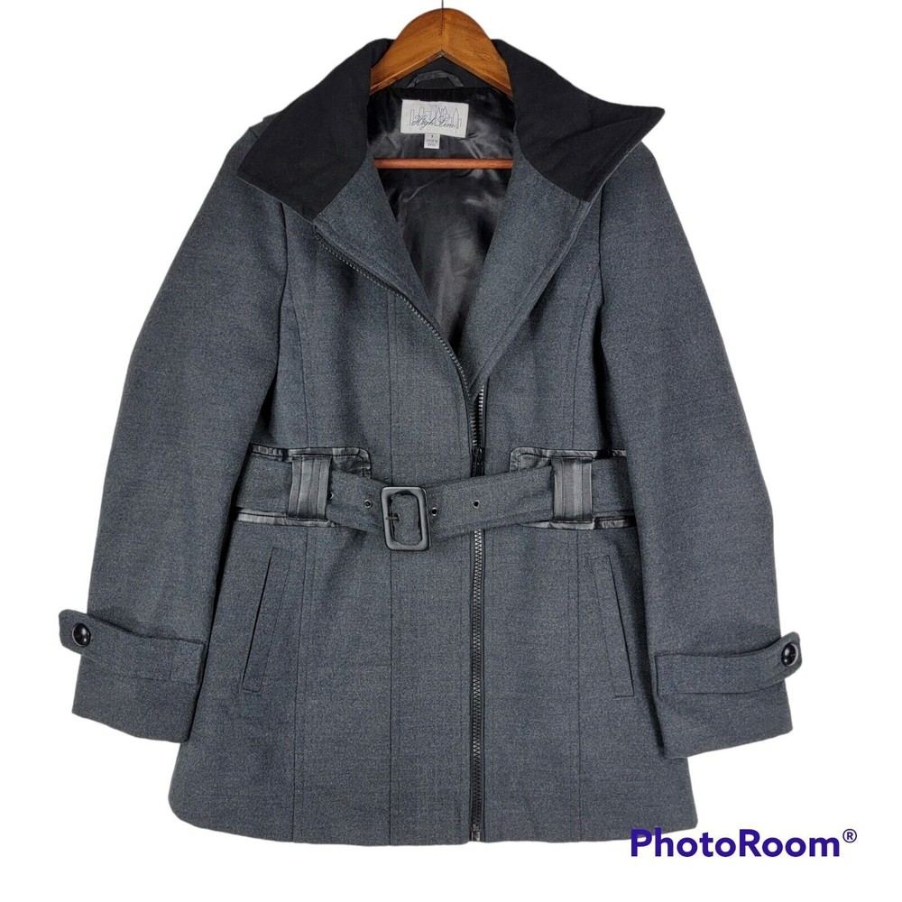 High Line Charcoal Gray Black Trim Full Zip Belted Jacket Coat Women's Size S